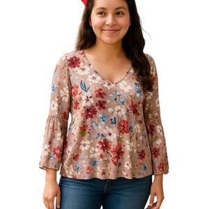 Cupio Blouse Womens M Pink Floral Dotted Swiss Long Bell Sleeve Boho Bloomcore